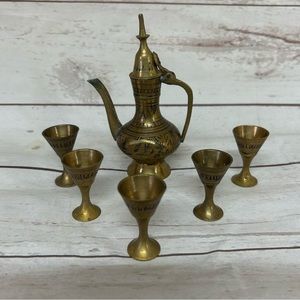 6 Pc Set Brass Teapot coffee pot Goblets Brass Intricate Etched Mini Doll